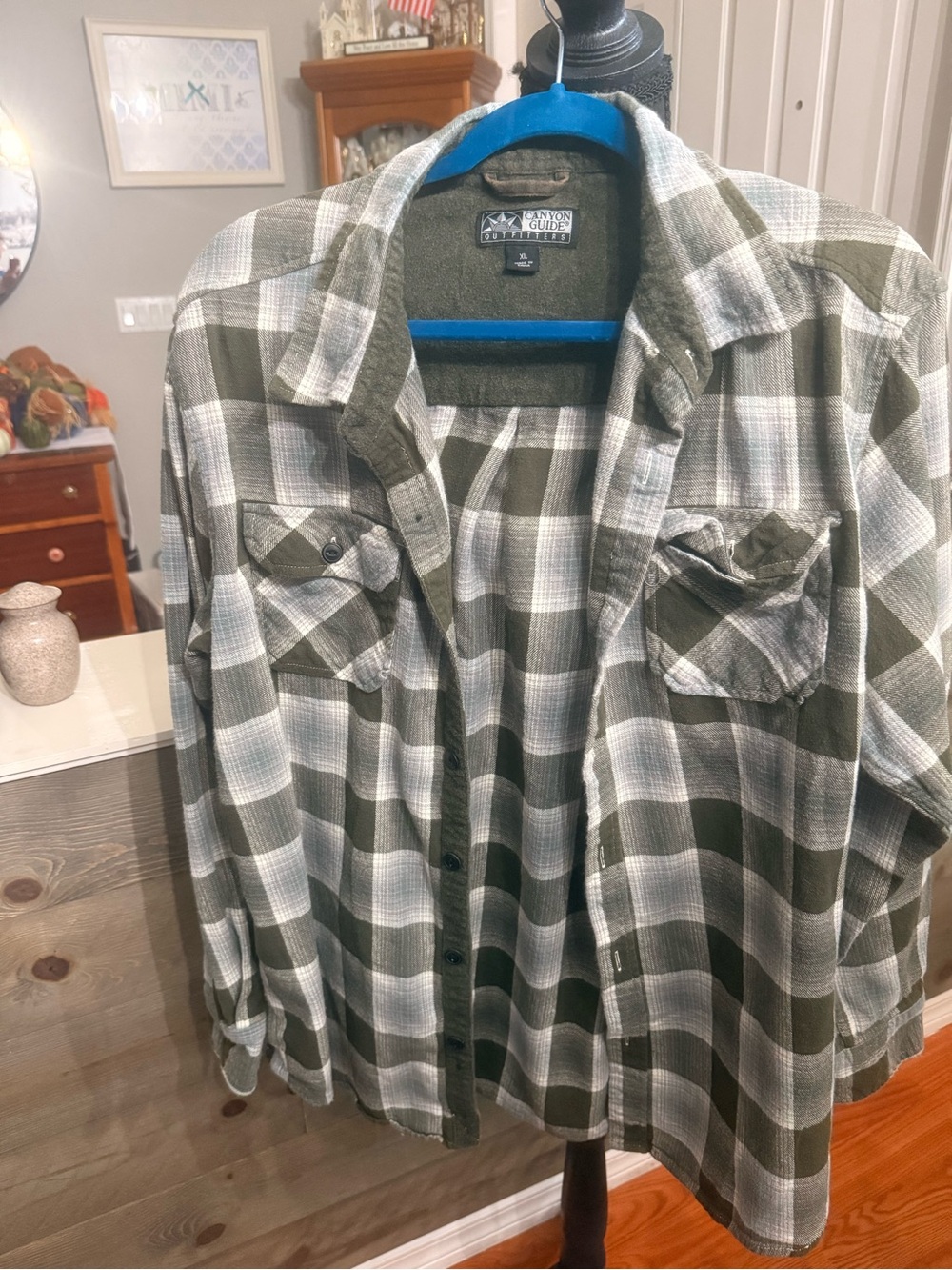 Men's Olive and White Plaid Button-Down Shirt -